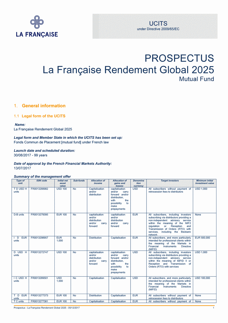 Prospectus La Française Rendement Global 2025 - Part I - 05/12/2017 - Anglais