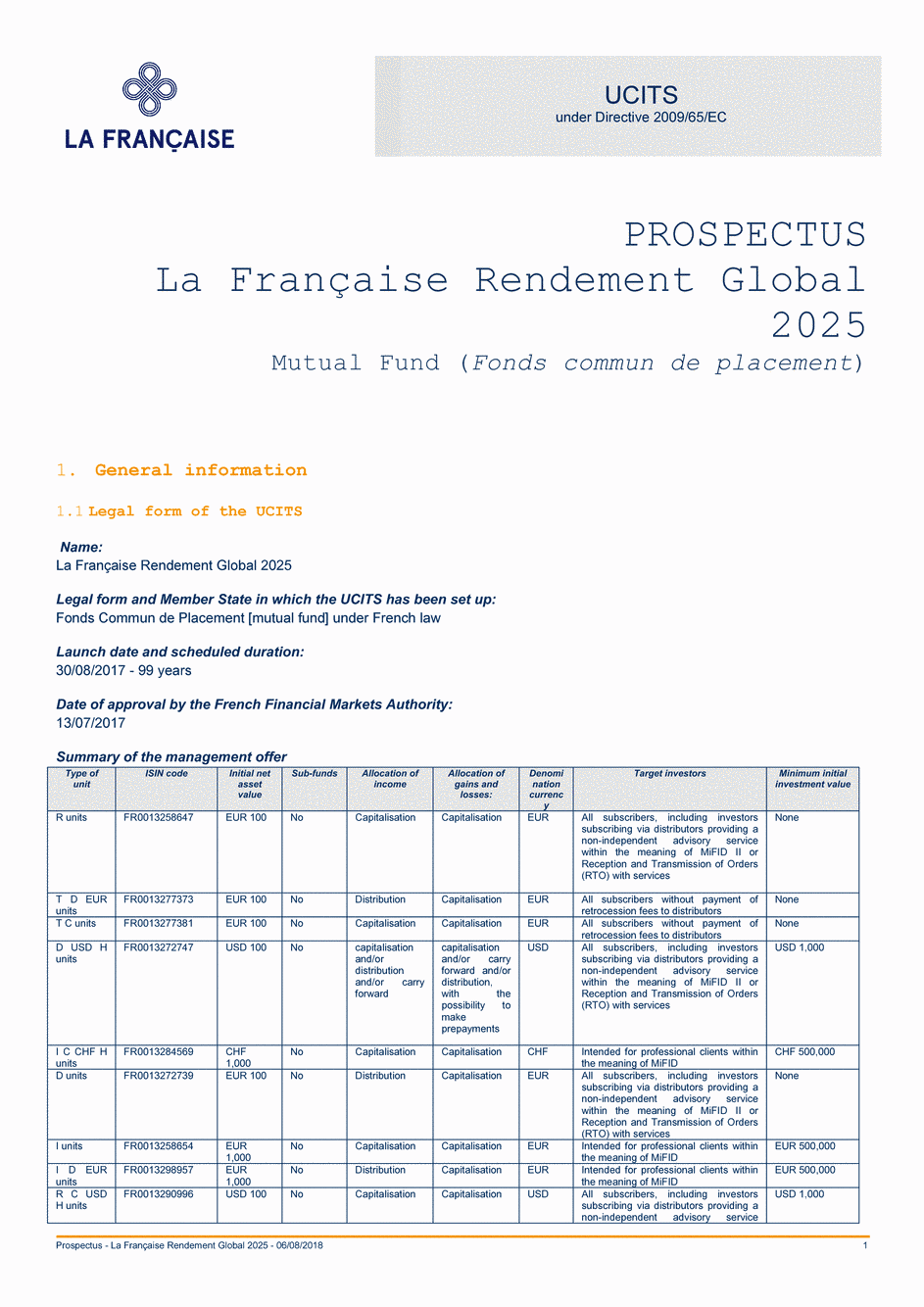 Prospectus La Française Rendement Global 2025 - Part I - 06/08/2018 - Anglais