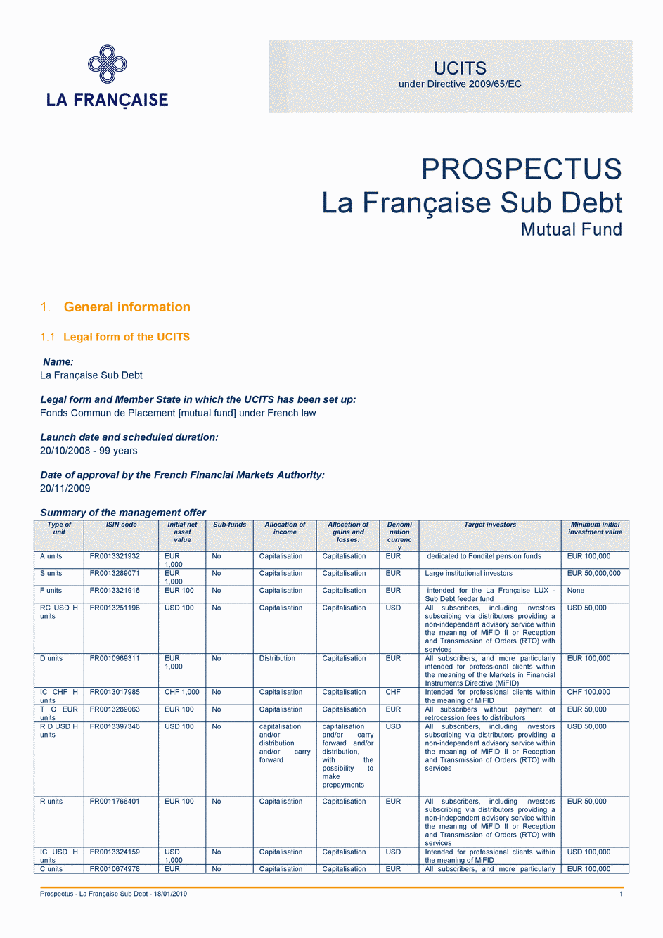 Prospectus La Française Sub Debt - Part TC USD H - 18/01/2019 - Anglais