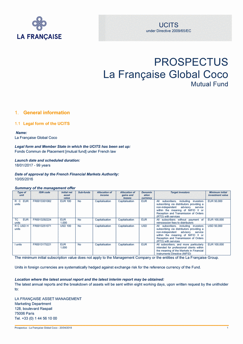 Prospectus La Française Global Coco - Part TC EUR - 20/04/2018 - Anglais