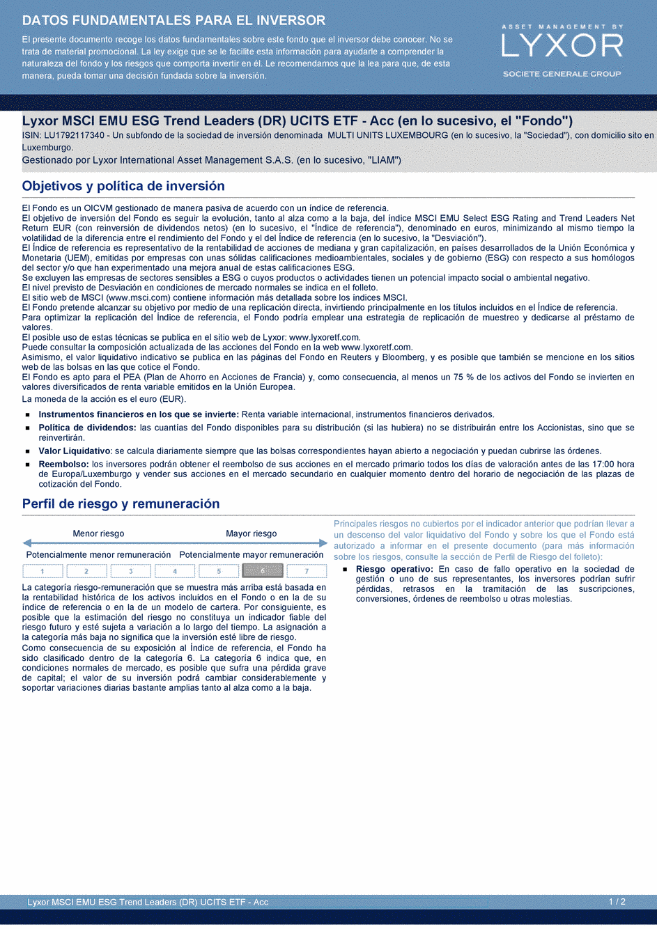 DICI Lyxor MSCI EMU ESG Trend Leaders (DR) UCITS ETF - Acc - 26/10/2020 - Espagnol
