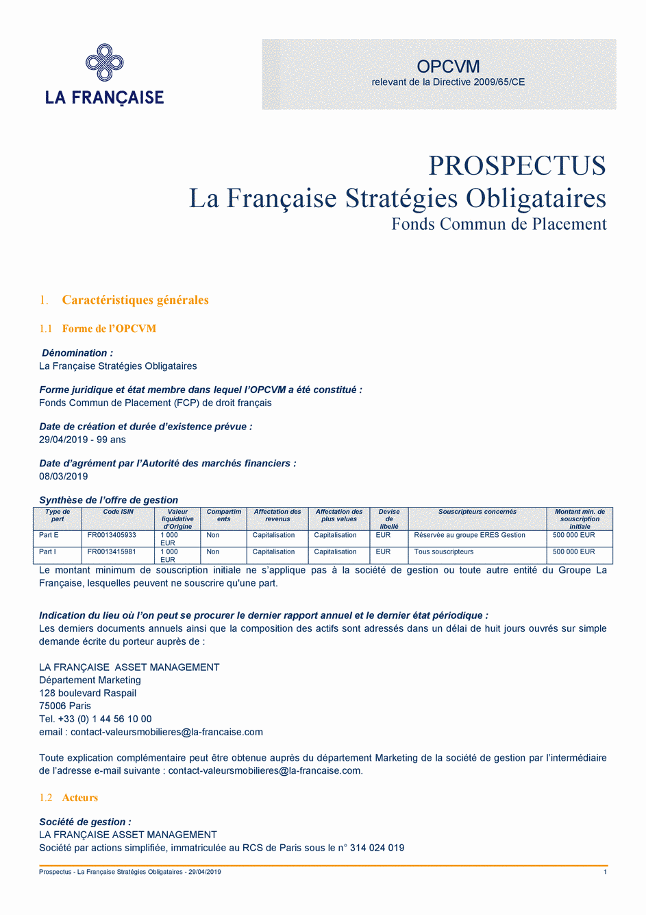 Prospectus La Française Stratégies Obligataires - Part E - 29/04/2019 - Français