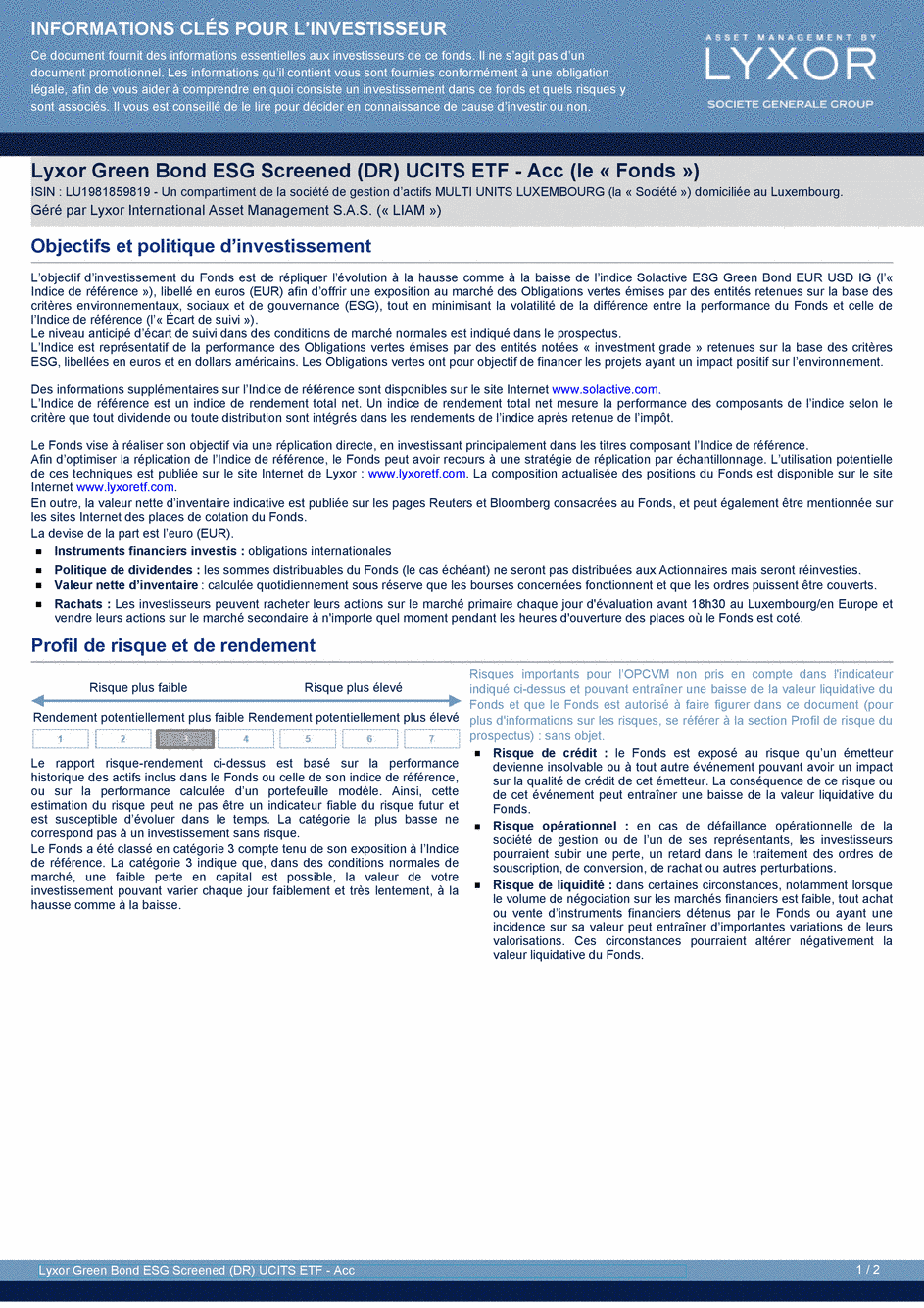 DICI Lyxor Green Bond ESG Screened (DR) UCITS ETF - Acc - 14/05/2019 - Français