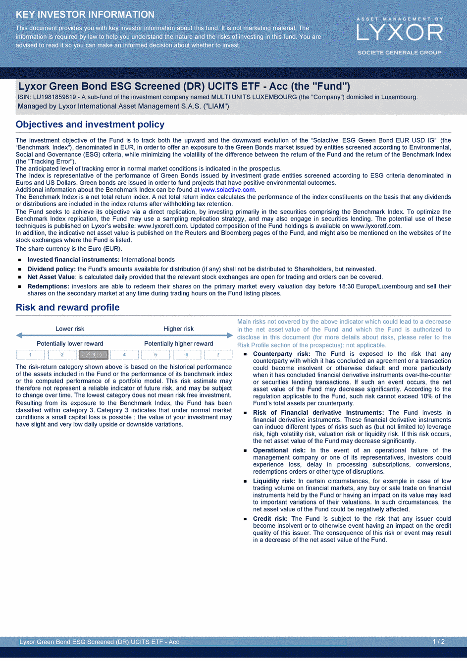 DICI Lyxor Green Bond ESG Screened (DR) UCITS ETF - Acc - 25/10/2019 - Anglais