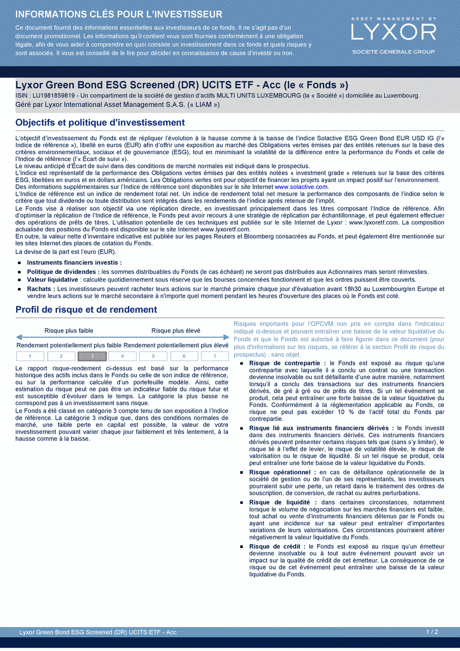 DICI Lyxor Green Bond ESG Screened (DR) UCITS ETF - Acc - 25/10/2019 - Français