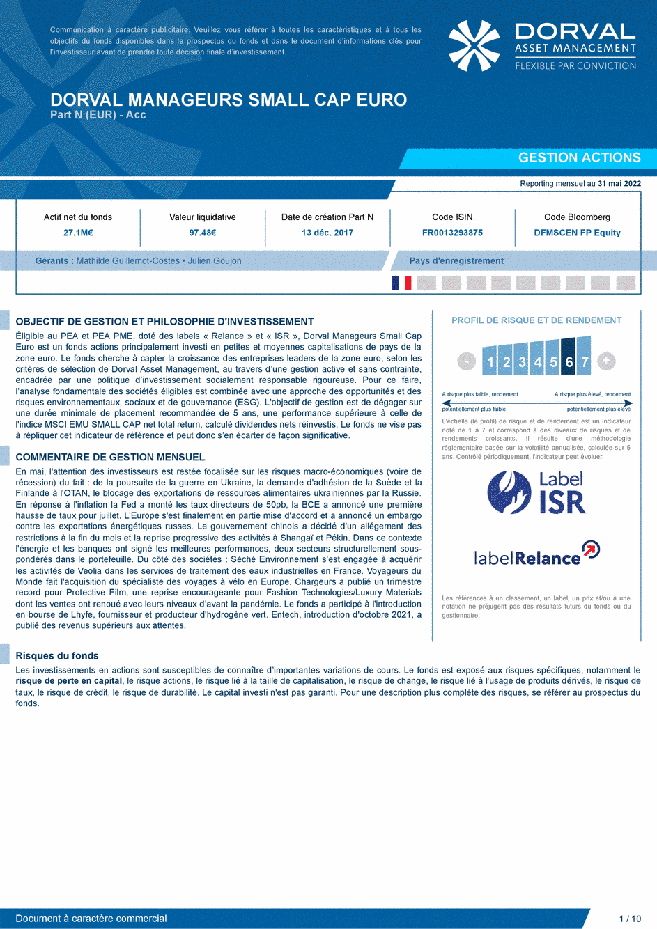 Reporting DORVAL MANAGEURS SMALL CAP EURO N - 31/05/2022 - Français