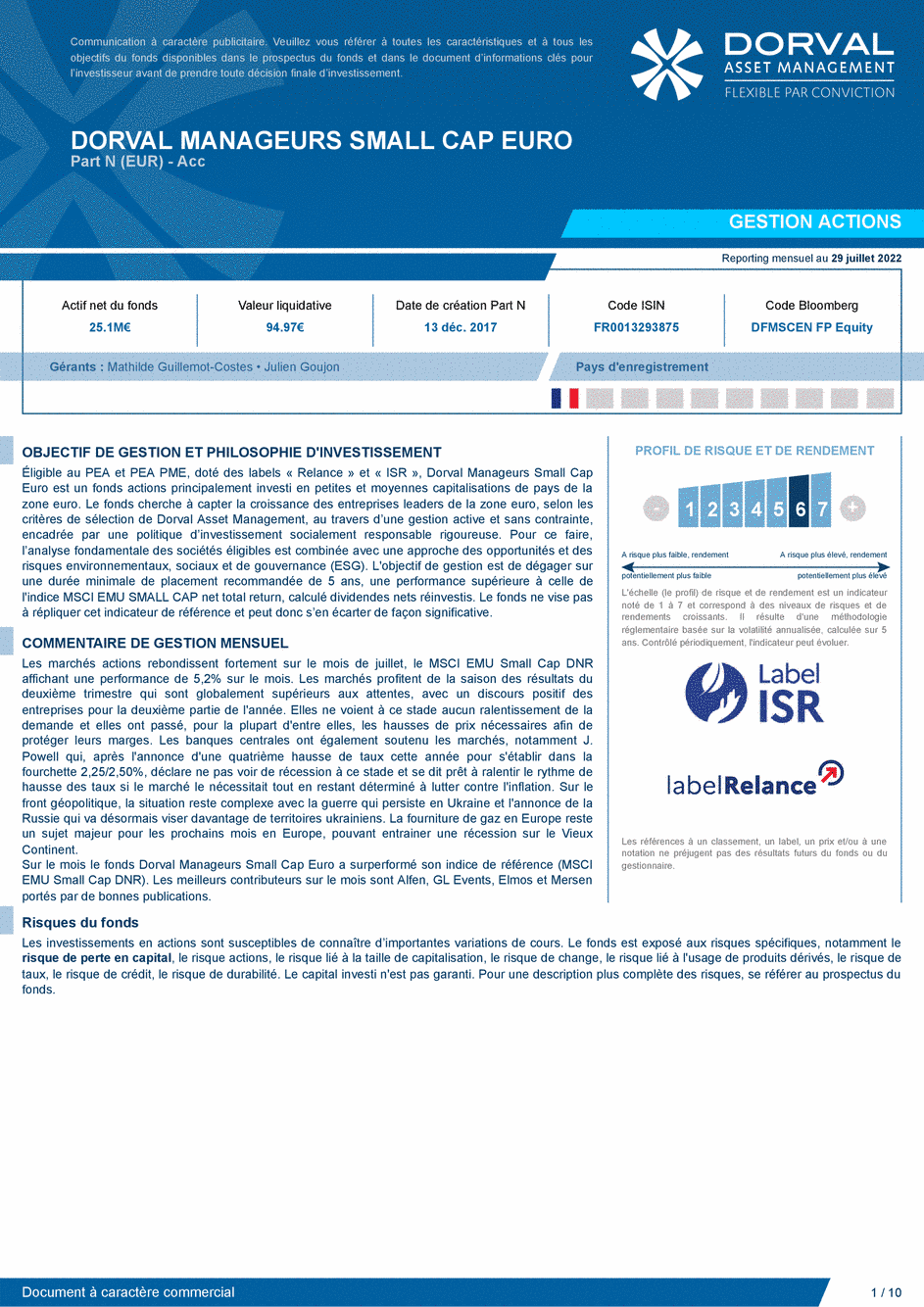 Reporting DORVAL MANAGEURS SMALL CAP EURO N - 29/07/2022 - Français