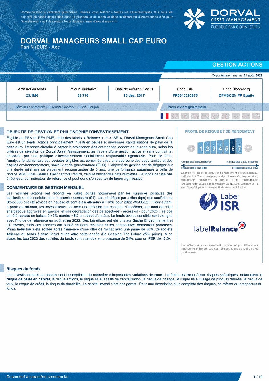 Reporting DORVAL MANAGEURS SMALL CAP EURO N - 31/08/2022 - Français