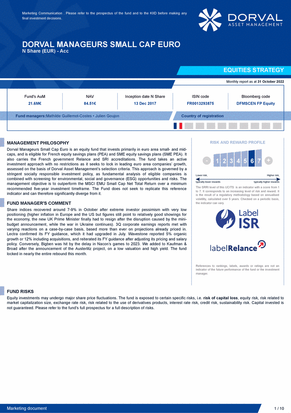 Reporting DORVAL MANAGEURS SMALL CAP EURO N - 31/10/2022 - Anglais