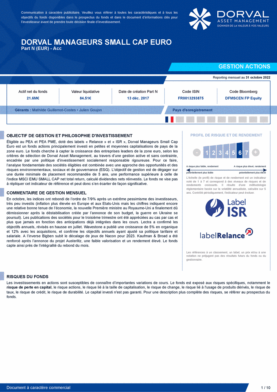 Reporting DORVAL MANAGEURS SMALL CAP EURO N - 31/10/2022 - Français