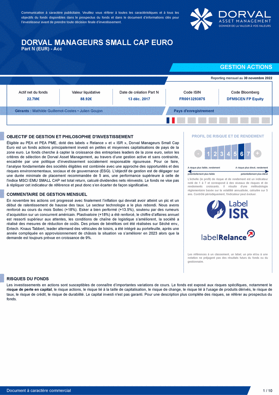 Reporting DORVAL MANAGEURS SMALL CAP EURO N - 30/11/2022 - Français