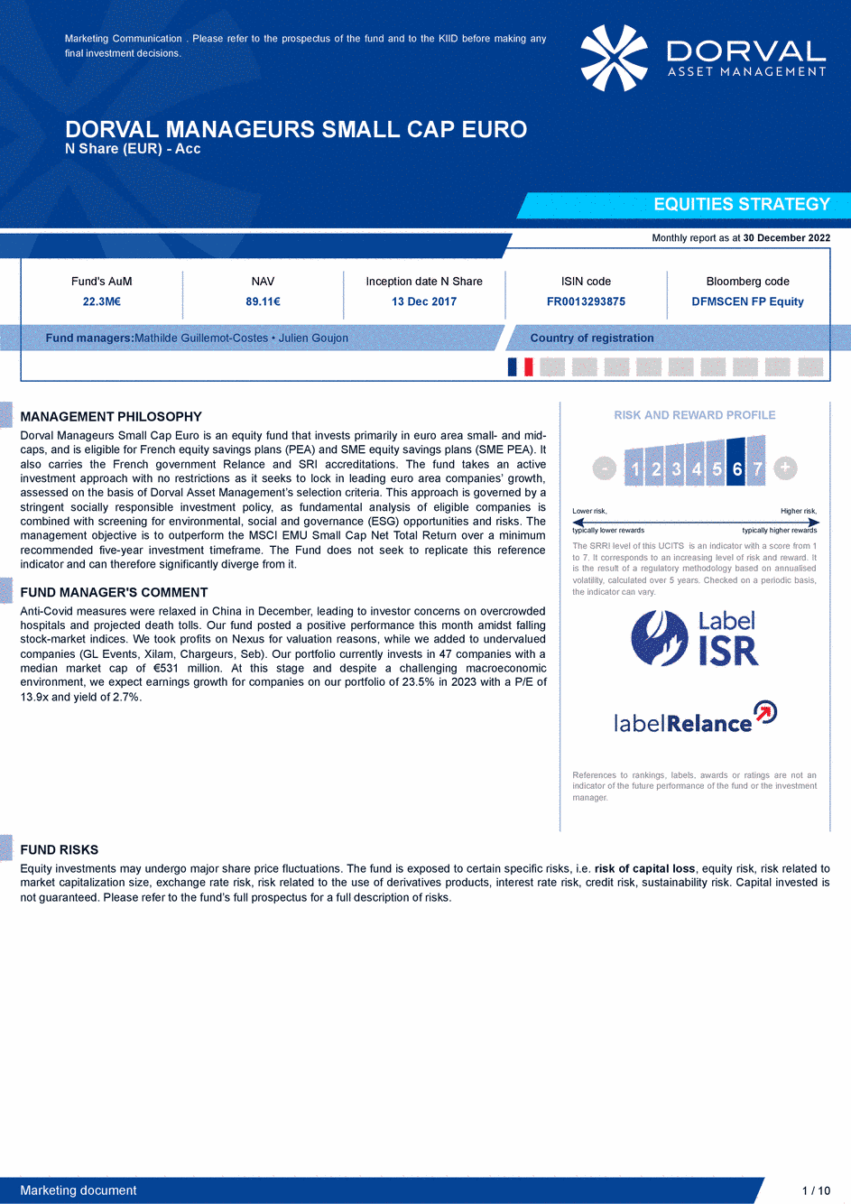 Reporting DORVAL MANAGEURS SMALL CAP EURO N - 30/12/2022 - Anglais