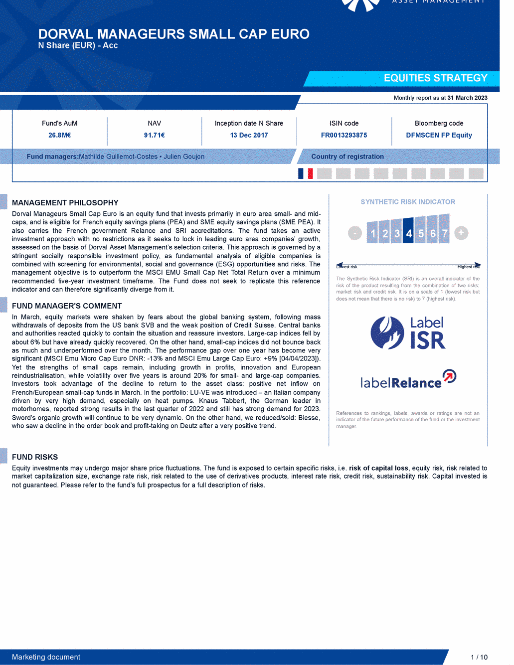Reporting DORVAL MANAGEURS SMALL CAP EURO N - 31/03/2023 - Anglais