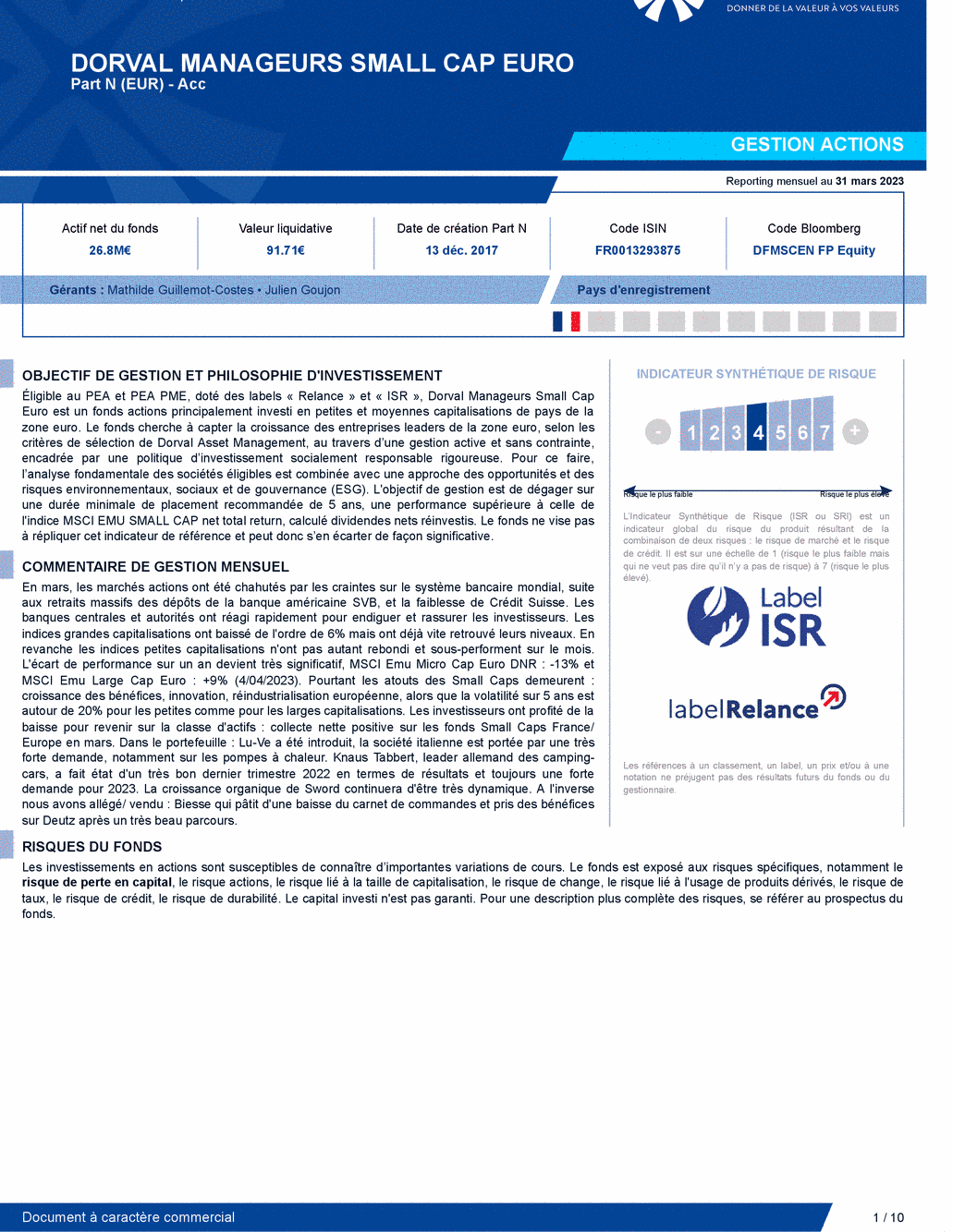 Reporting DORVAL MANAGEURS SMALL CAP EURO N - 31/03/2023 - Français