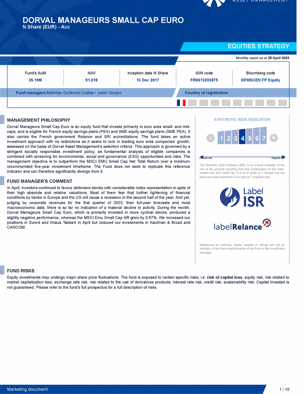 Reporting DORVAL MANAGEURS SMALL CAP EURO N - 28/04/2023 - Anglais