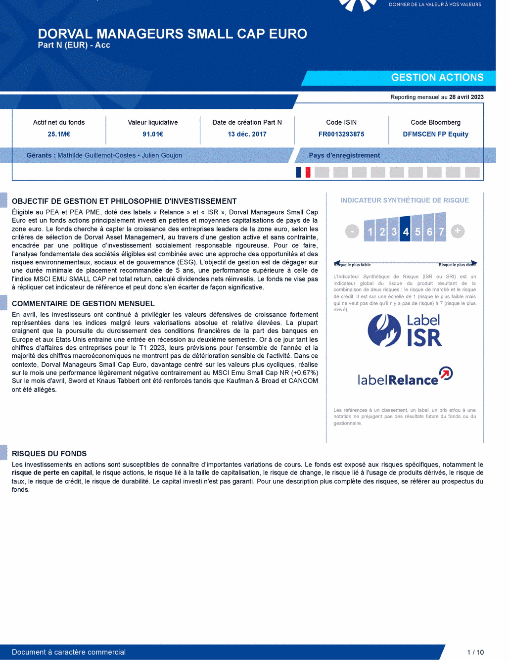 Reporting DORVAL MANAGEURS SMALL CAP EURO N - 28/04/2023 - Français