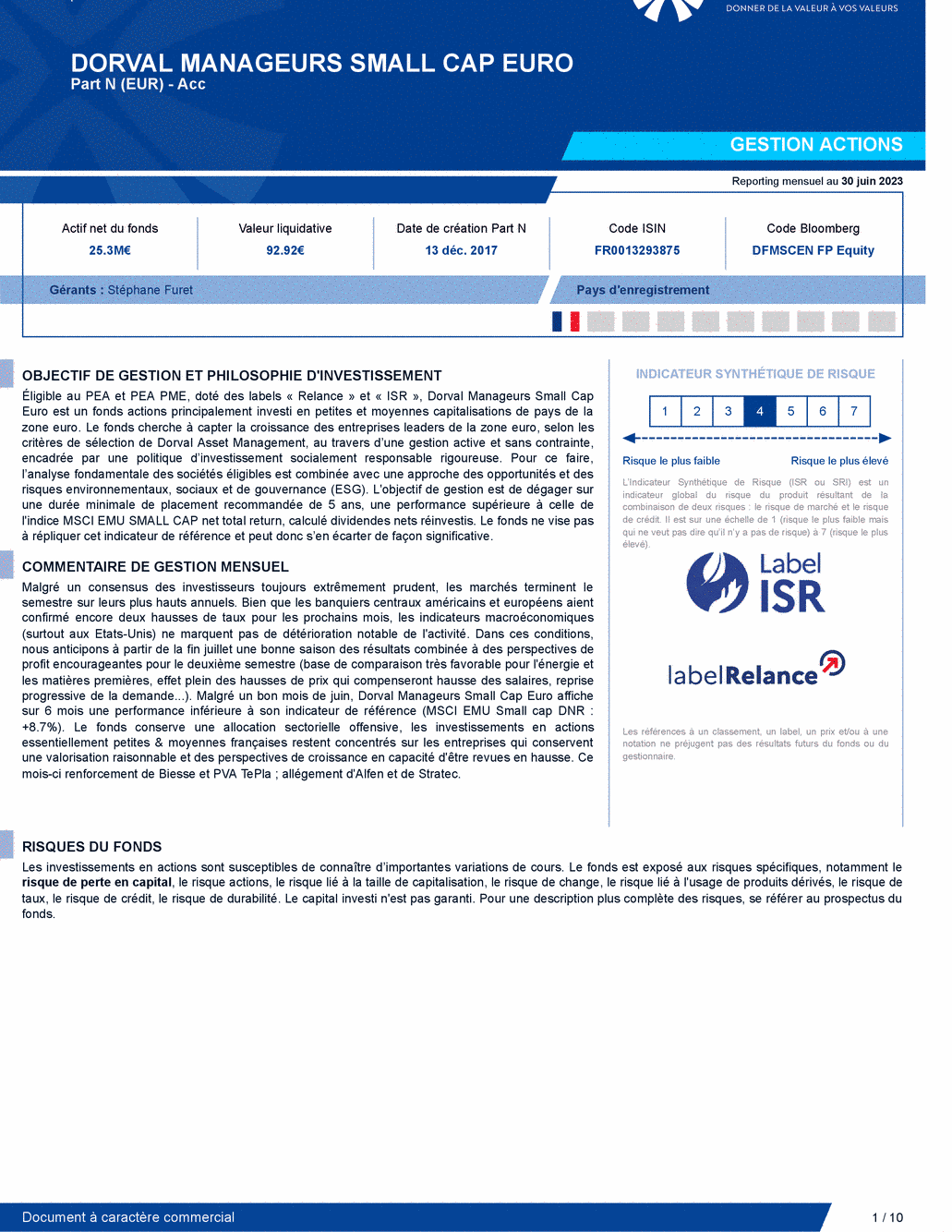 Reporting DORVAL MANAGEURS SMALL CAP EURO N - 30/06/2023 - Français