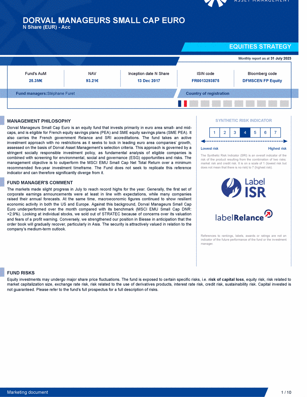 Reporting DORVAL MANAGEURS SMALL CAP EURO N - 31/07/2023 - Anglais