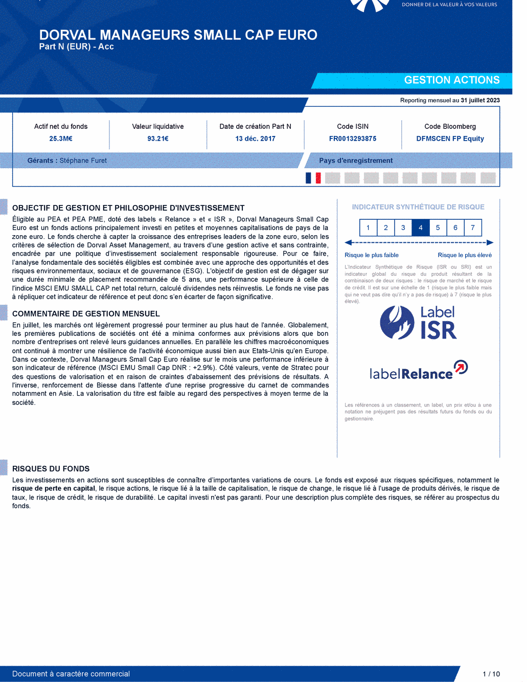 Reporting DORVAL MANAGEURS SMALL CAP EURO N - 31/07/2023 - Français