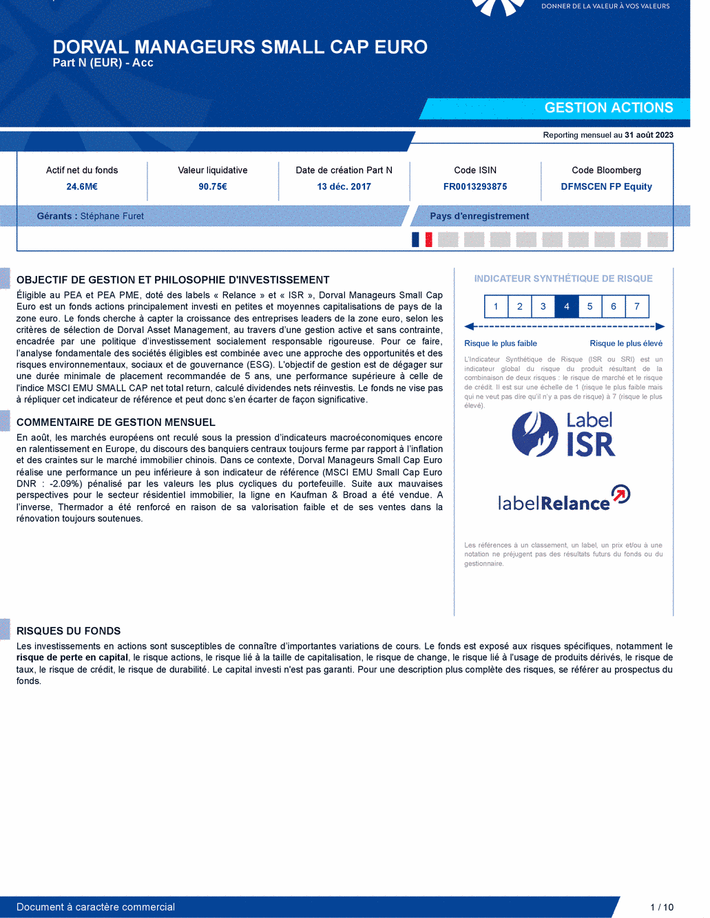 Reporting DORVAL MANAGEURS SMALL CAP EURO N - 31/08/2023 - Français