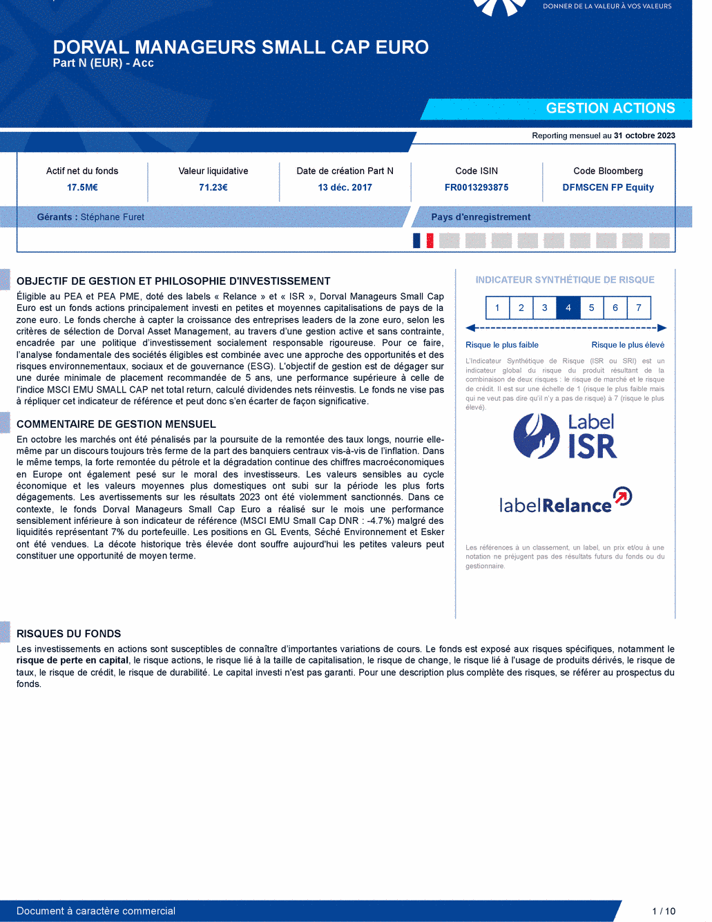 Reporting DORVAL MANAGEURS SMALL CAP EURO N - 31/10/2023 - Français