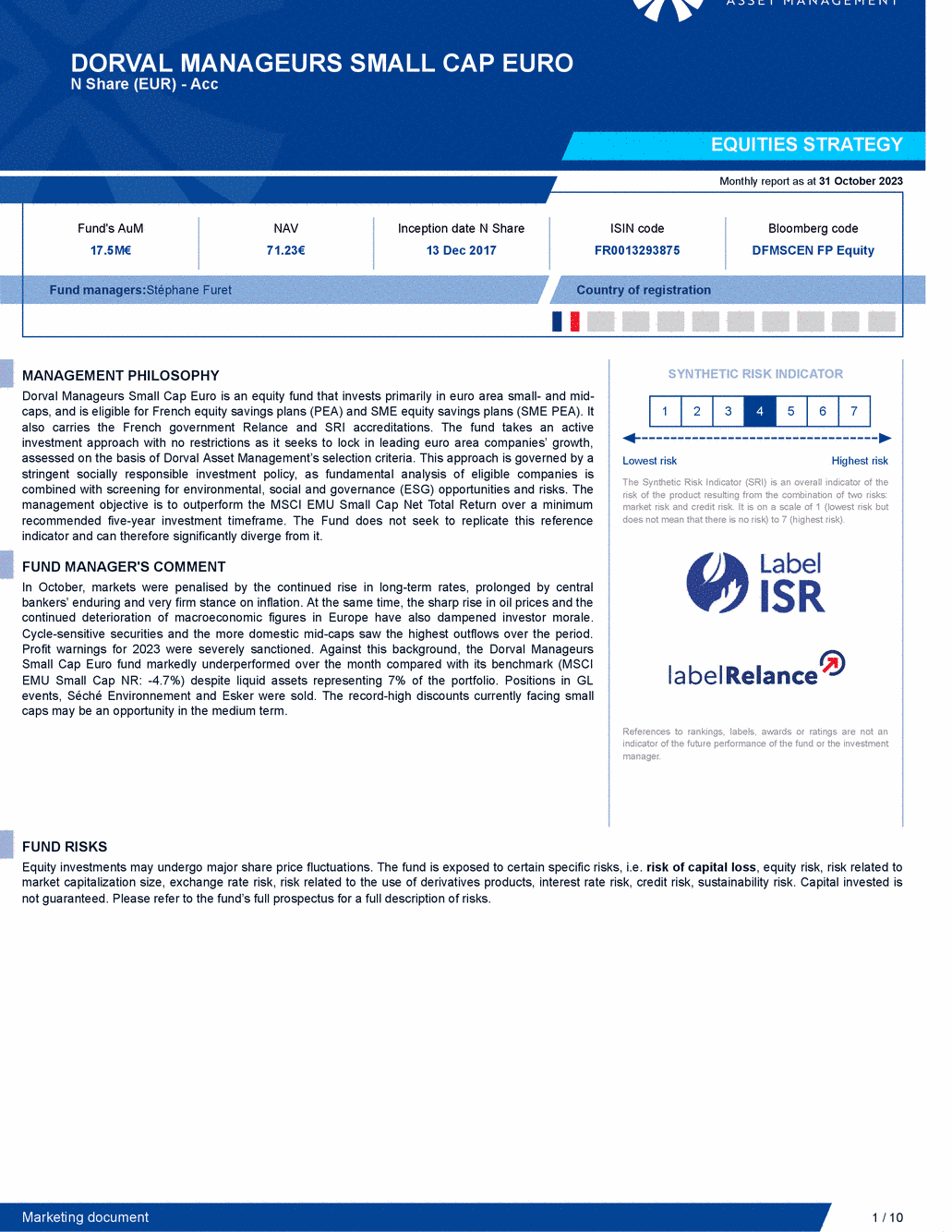 Reporting DORVAL MANAGEURS SMALL CAP EURO N - 31/10/2023 - Anglais