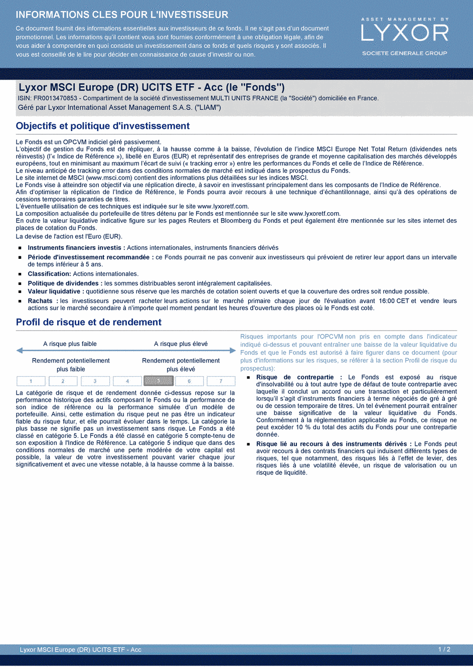DICI LYXOR MSCI EUROPE (DR) UCITS ETF Acc - 30/12/2019 - Français