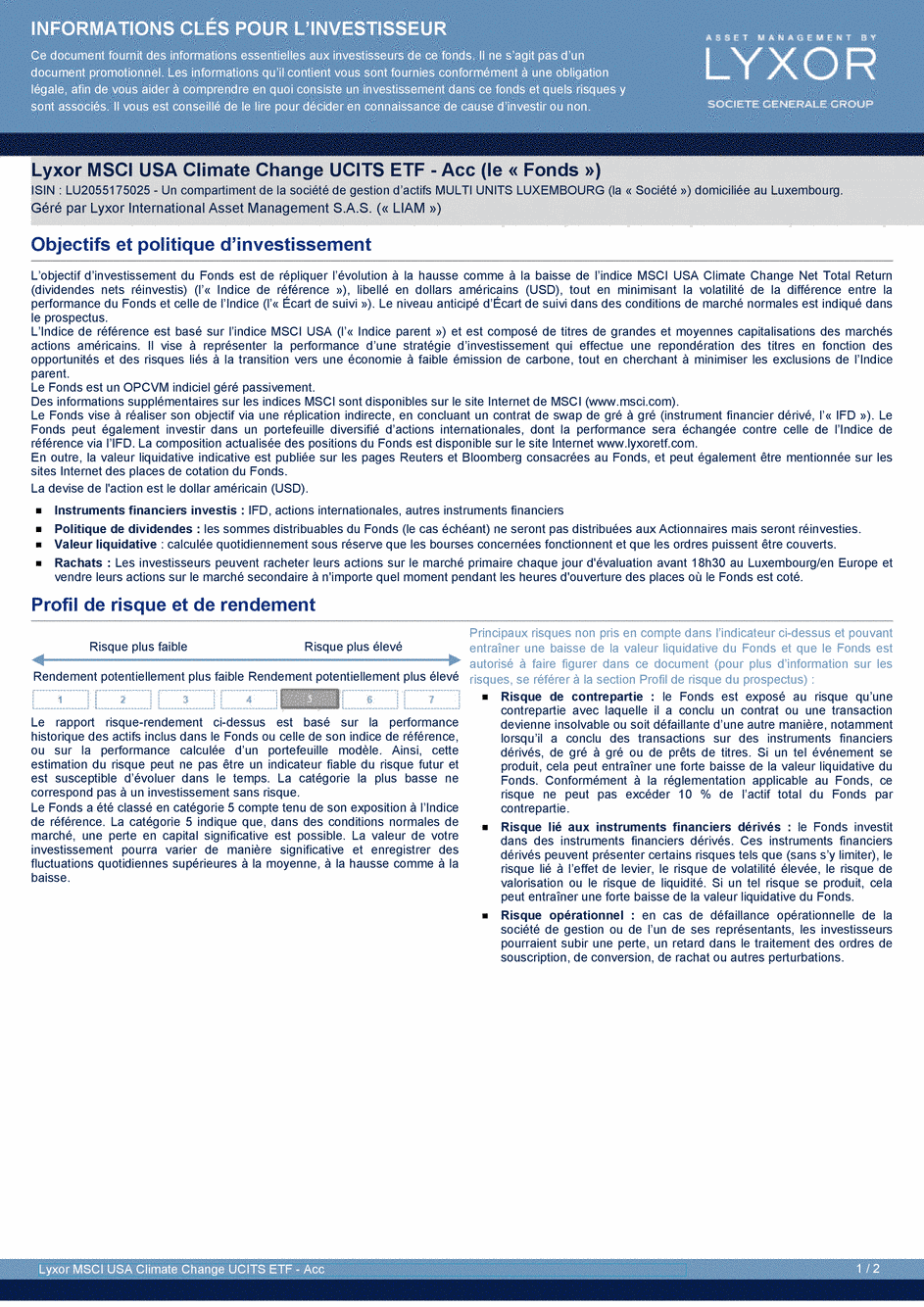 DICI Lyxor MSCI USA Climate Change UCITS ETF - Acc - 25/03/2020 - Français