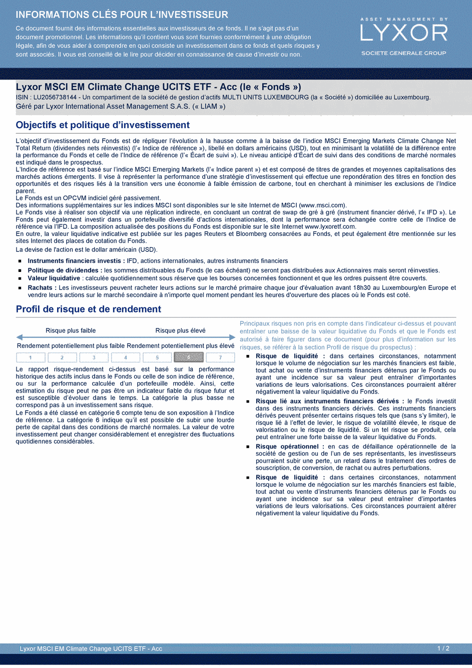 DICI Lyxor MSCI EM Climate Change UCITS ETF - Acc - 25/03/2020 - Français