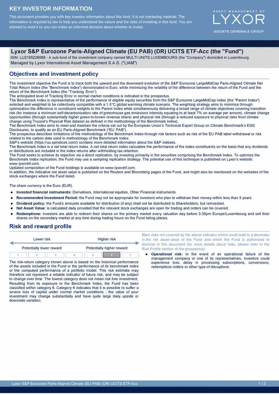 DICI Lyxor S&P Eurozone Paris-Aligned Climate (EU PAB) (DR) UCITS ETF - Acc - 22/06/2020 - Anglais