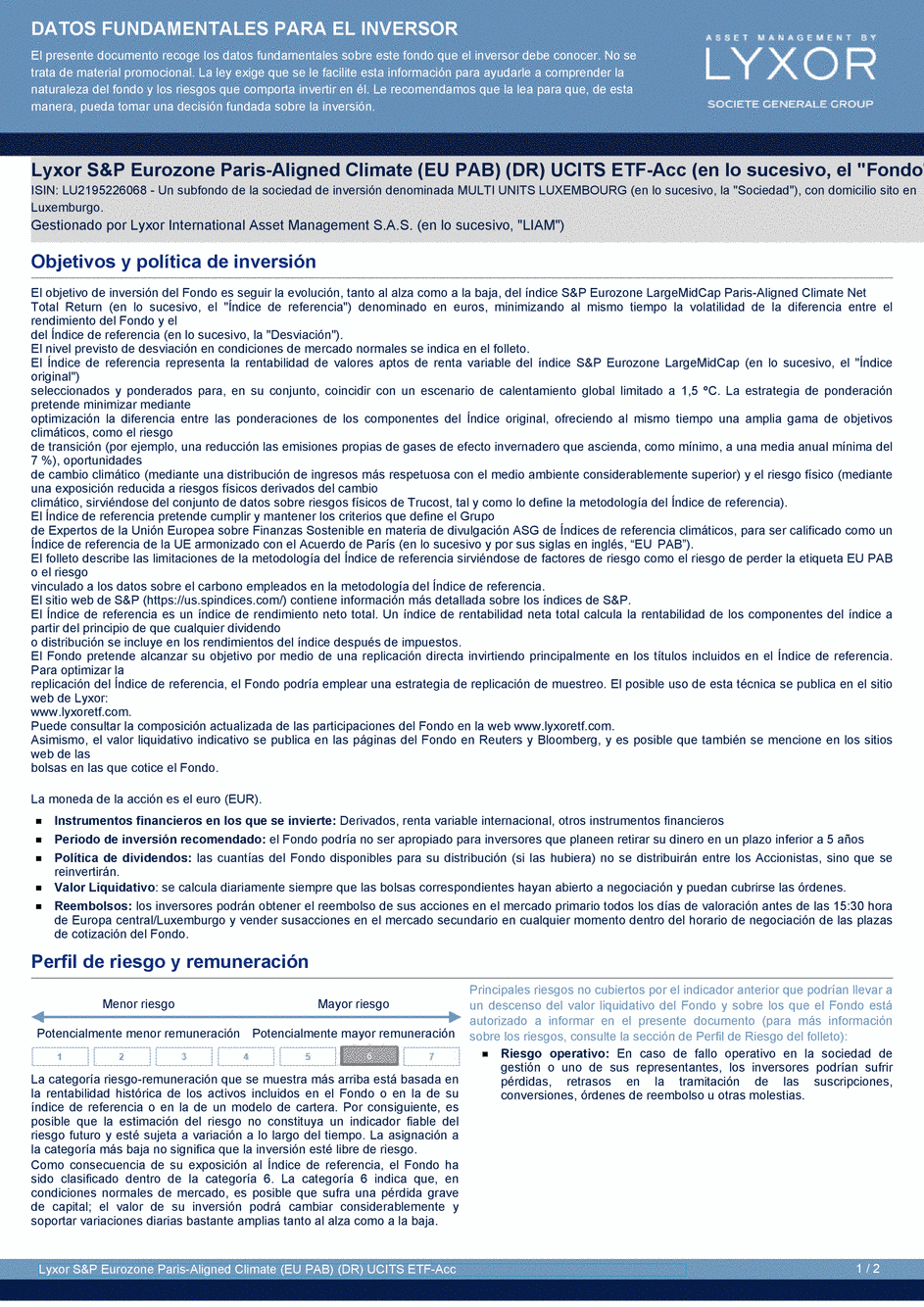 DICI Lyxor S&P Eurozone Paris-Aligned Climate (EU PAB) (DR) UCITS ETF - Acc - 22/06/2020 - Espagnol