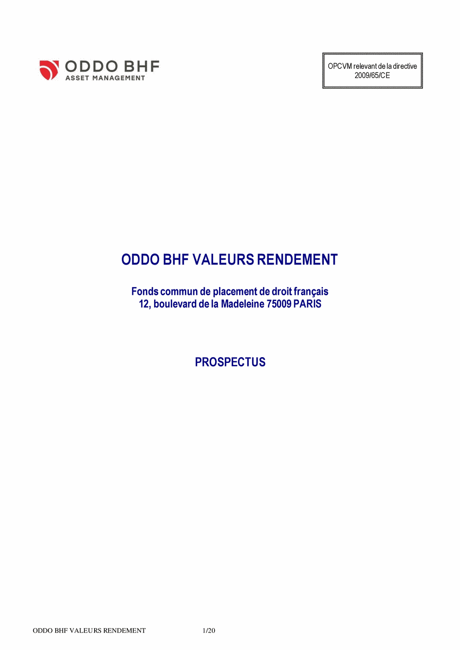 Prospectus ODDO BHF VALEURS RENDEMENT Part DR-EUR - 14/02/2020 - Français